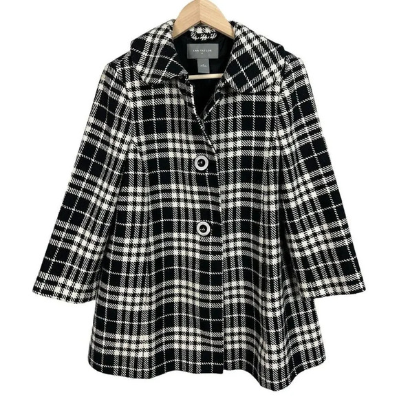 Anne Taylor Plaid Peacoat Size 6 Black & White Recycled Wool Blend Women’s - Picture 1 of 11